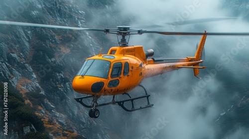   A yellow helicopter soars amidst a sky filled with fog and clouds, with a majestic mountain standing tall in the distance