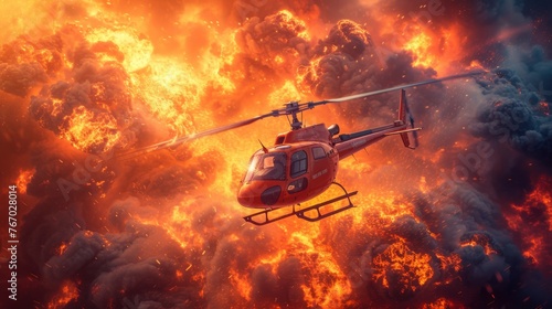  A helicopter flies in the sky with intense fires and billowing smoke in the background