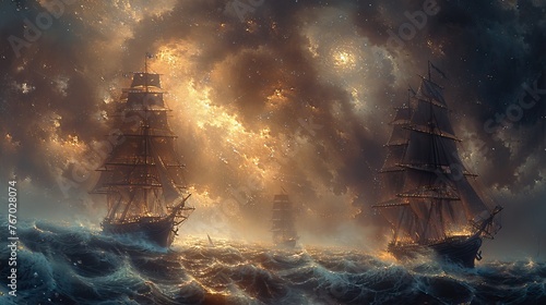 naval battle oil painting on the open seas dramatic weather photo