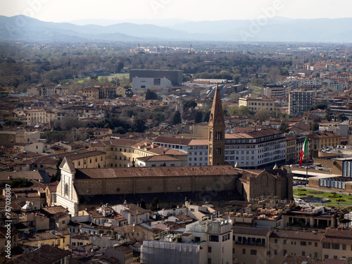 Santa Maria del Fiore cathedral church Florence Aerial view cityscape from giotto tower detail near Cathedral Santa Maria dei Fiori, Brunelleschi Dome Italy