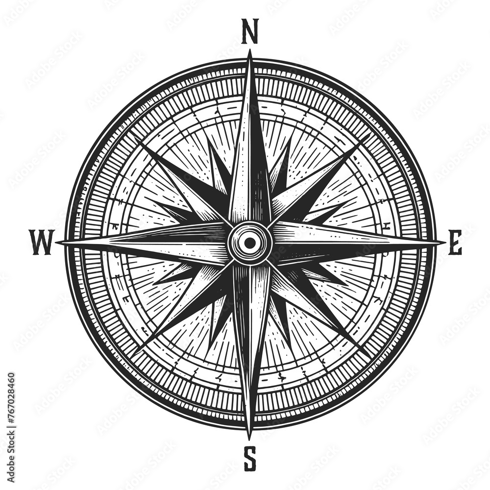 Wind rose Nautical Compass map sketch engraving generative ai fictional character raster illustration. Scratch board imitation. Black and white image.