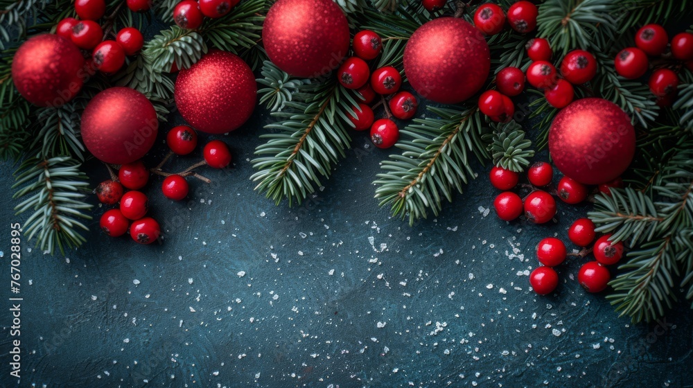 A close-up of a Christmas tree branch adorned with red balls and evergreen needles, set against a dark background and festooned with snowflakes A close-up of a Christmas tree branch adorned with red balls and evergreen needles, set against a dark background and festooned with snowflakes