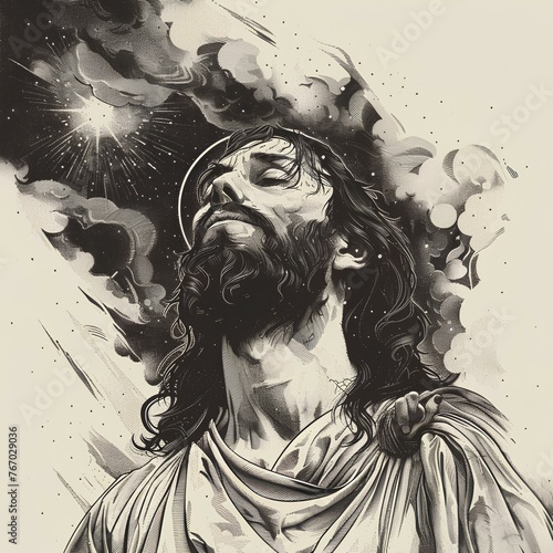Portrait of Jesus praing , black and white illustration generated with AI. Religion	 photo