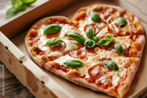 pizza in box in the shape of heart, italy background 