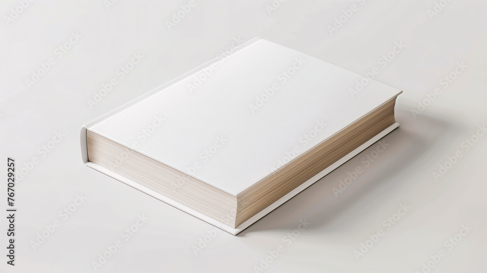 Mock-up of a thick book with blank white cover on a plain white background. New modern minimal book in isometric view. Mock-up of a thick book with blank white cover on a plain white background. New modern minimal book in isometric view.