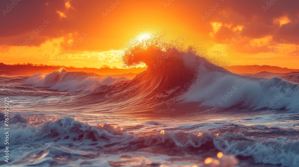   Sun setting over ocean; large wave crashes in front of body of water