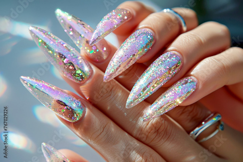 A woman's hand with long, pointy nails adorned in iridescent glitter and sparkles, holographic