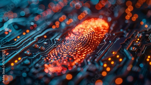 3D illustration featuring a fingerprint integrated into a printed circuit board, releasing binary codes.