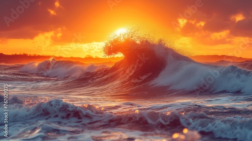   Sun setting over ocean; large wave crashes in front of body of water