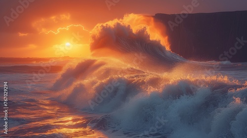  Sunset over ocean with large wave in foreground and rock outcropping in background