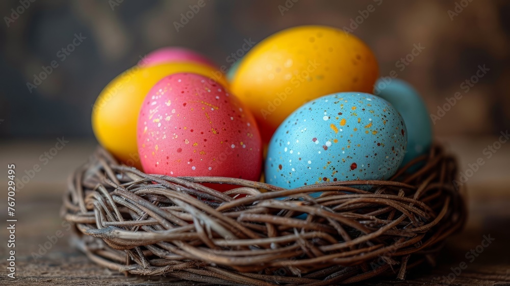   A nestful of colorful eggs atop a wooden table near a bird's painting