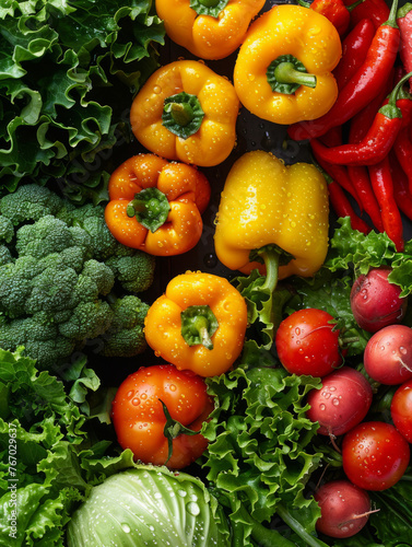  different vegetables, using green and paletted yellow panels, lettuce in the foreground, broccoli and beets in the background, peppers, carrots in the background, tomatoes in the lower right corner, 