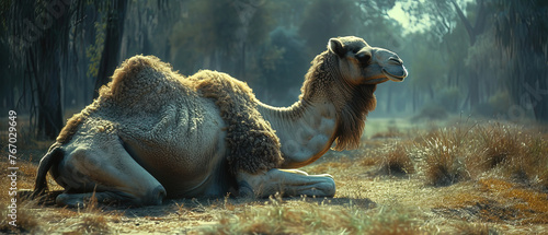 a camel sitting in the grass in the woods