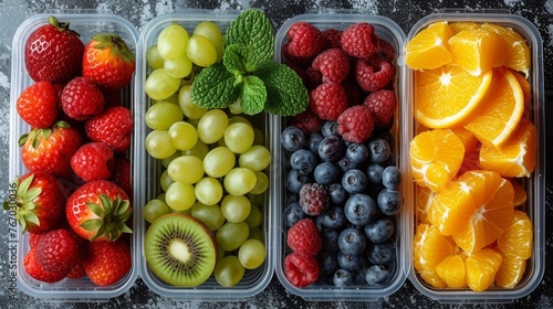   A row of diverse plastic containers brimming with various fruits like berries  oranges  raspberries  and kiwis
