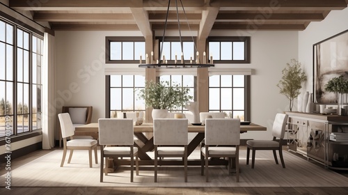 Chic transitional farmhouse dining room with wood beams shiplap walls upholstered host chairs and showstopping modern light fixture.