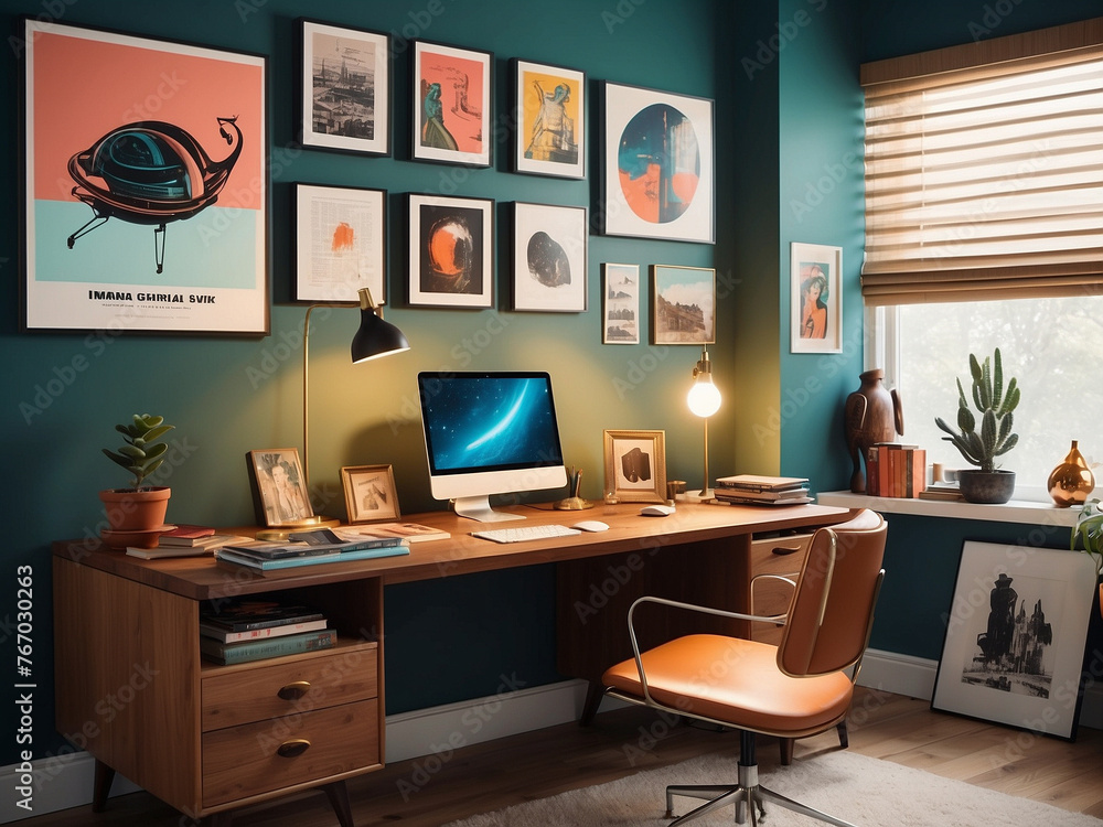 Fototapeta premium Mid Century Inspired Home Office, Minimalist Desk, Vintage Desk Lamp, Gallery Wall