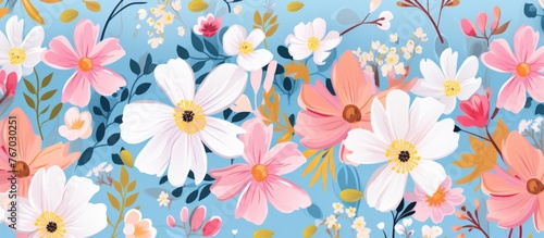 A creative arts piece featuring a variety of pink and white flowers on a vibrant blue background. The floral design includes intricate patterns and details of petals and cut flowers