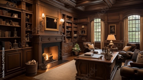Classic Georgian-style wood paneled study with coffered ceilings crown moldings built-in bookshelves and carved fireplace mantel. © Aeman