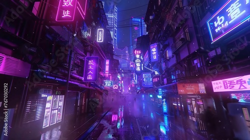 3D illustration of a cyberpunk-style futuristic city street  capturing the urban landscape with futuristic elements and neon lights.