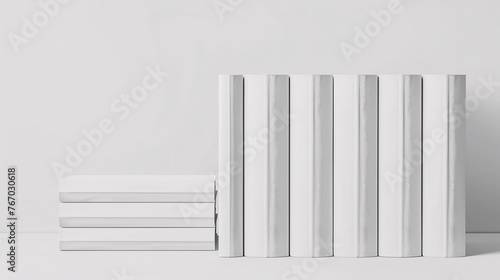 Mock-up of many book spines in same thickness and height with blank white cover on a plain white background. New modern minimal books in edge view.
