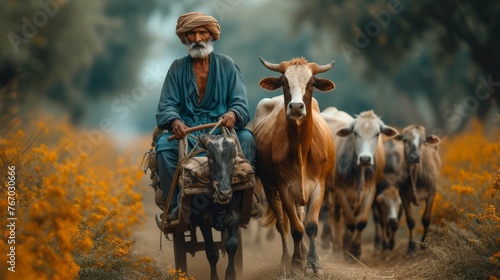   Man rides horse alongside cow herd in yellow flower field photo