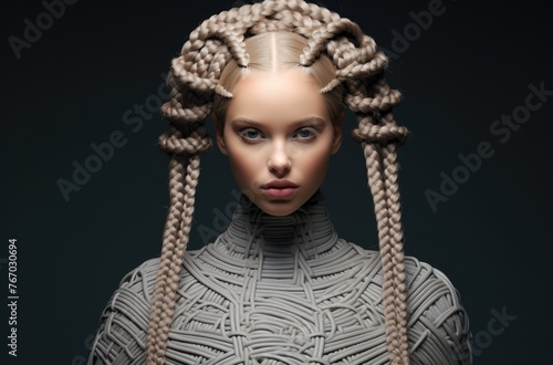 Futuristic braided hairstyle on woman with sculptural dress photo