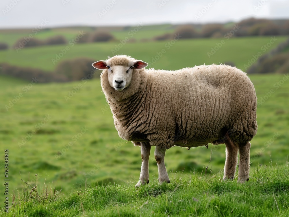 sheep, side shot, full shot, green grassland sheep, side shot, full shot, green grassland