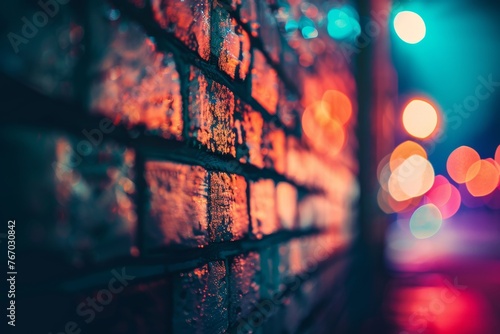 Vibrant Night Lights Reflecting on Urban Brick Wall - City Life Aesthetic