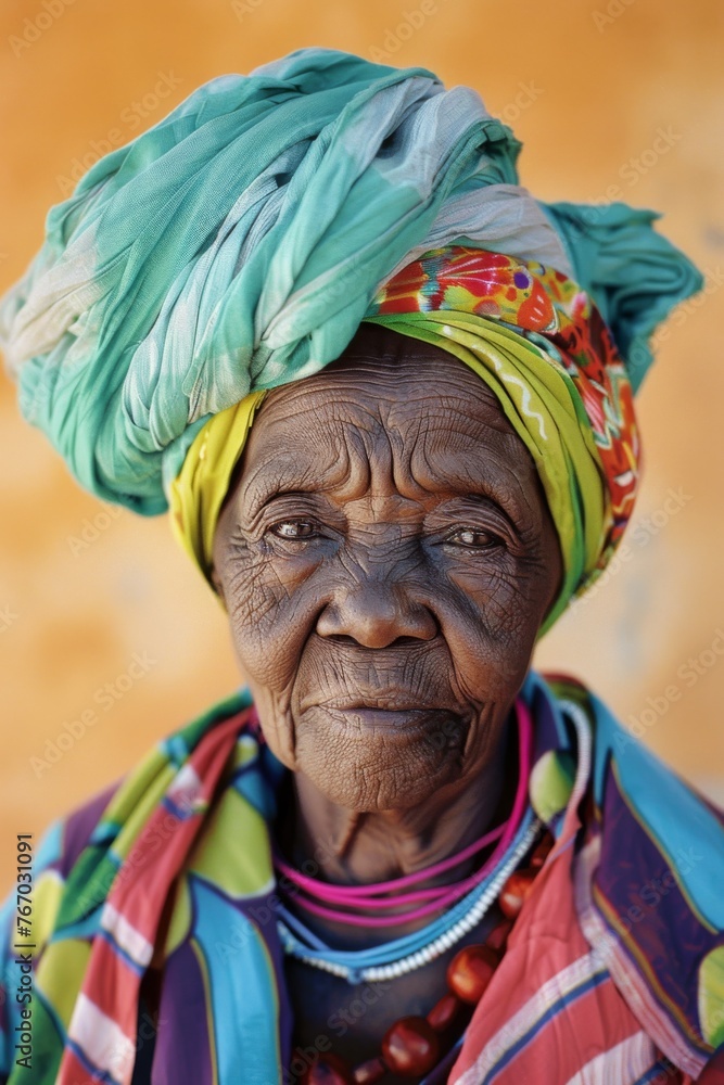 stunning portrait, 70-year-old woman from Namibia, bright scarf on her head