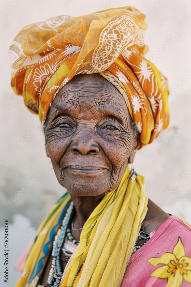 stunning portrait, 70-year-old woman from Namibia, bright scarf on her head stunning portrait, 70-year-old woman from Namibia, bright scarf on her head