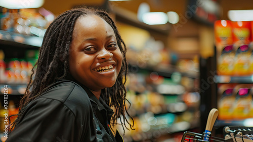 An African American woman with Down syndrome smiling happily while working as a cashier at a grocery store Learning Disability © Lila Patel
