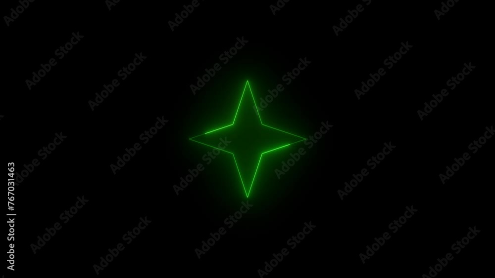 Neon glowing green color four hand star icon animation black background Neon glowing green color four hand star icon animation black background