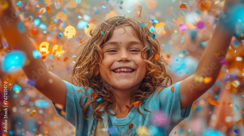  A young girl lifting her arms amidst colorful confetti and sticky confetti