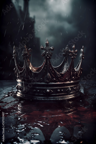 Fantasy medieval concept of a Royal crown and blood. Rise and fall of empires. Mythology and Historical death of a King or Queen. Other Symbolism: dark magic, banishment, archmage, siegecraft, destiny