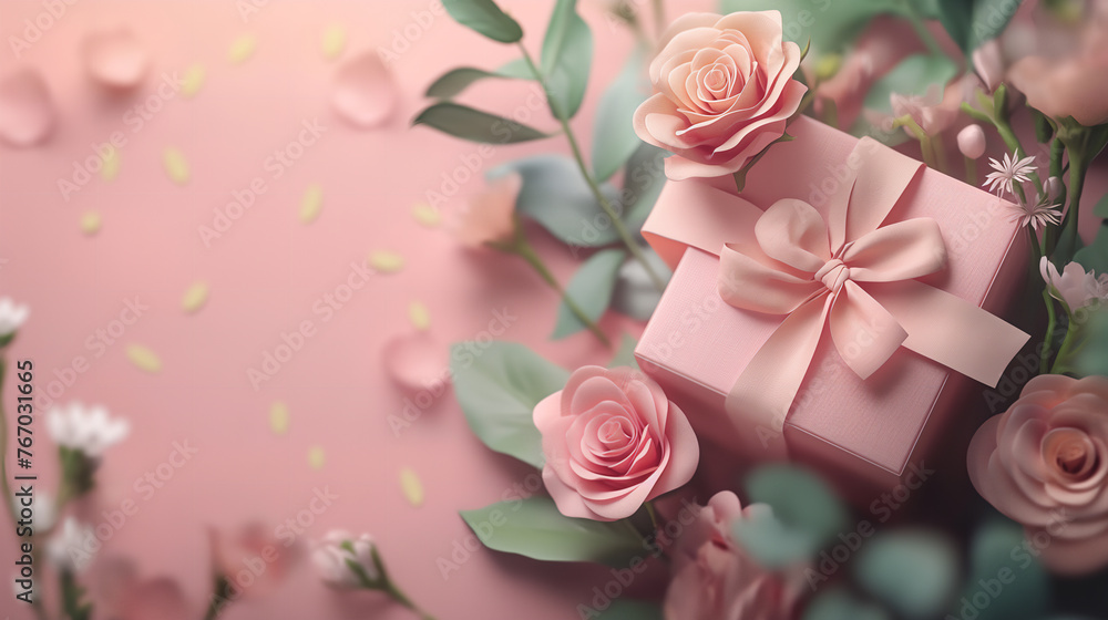 Background with gift box flowers as decor top view. Background with gift box flowers as decor top view.