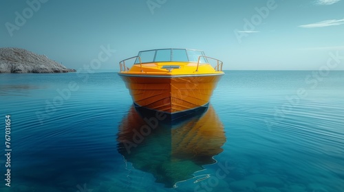   A yellow boat floats on a calm sea beside a towering rock, framed by endless ocean photo