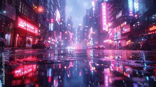 3D rendering showcasing a neon mega city with light reflections from puddles on the street, conveying concepts of nightlife and business districts with a cyberpunk theme.