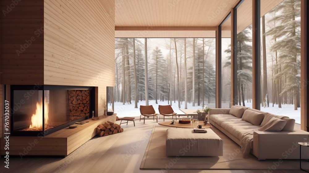 Fototapeta premium Clean-lined modern cabin with tongue-and-groove wood walls minimalist fireplace and massive windows.