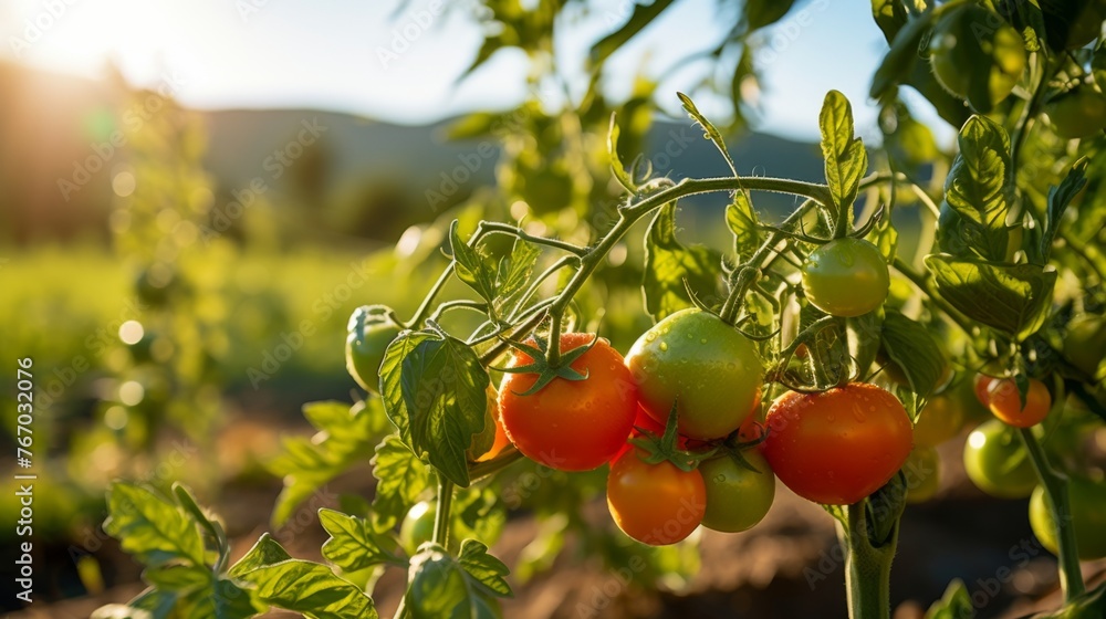Tomato bush at a field in sunshine 