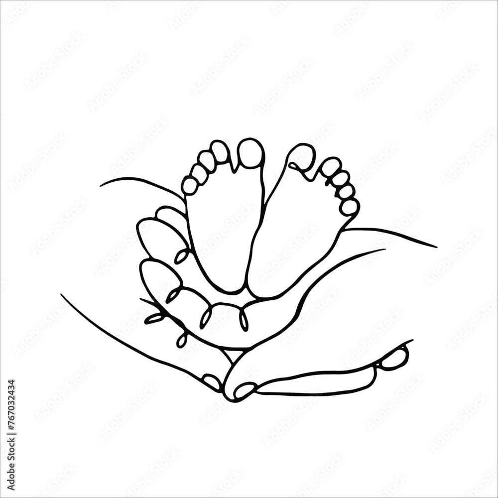 Cute vector illustration depicting hands holding baby's feet. Black and white line graphics, drawing on a white background. Cute vector illustration depicting hands holding baby's feet. Black and white line graphics, drawing on a white background.