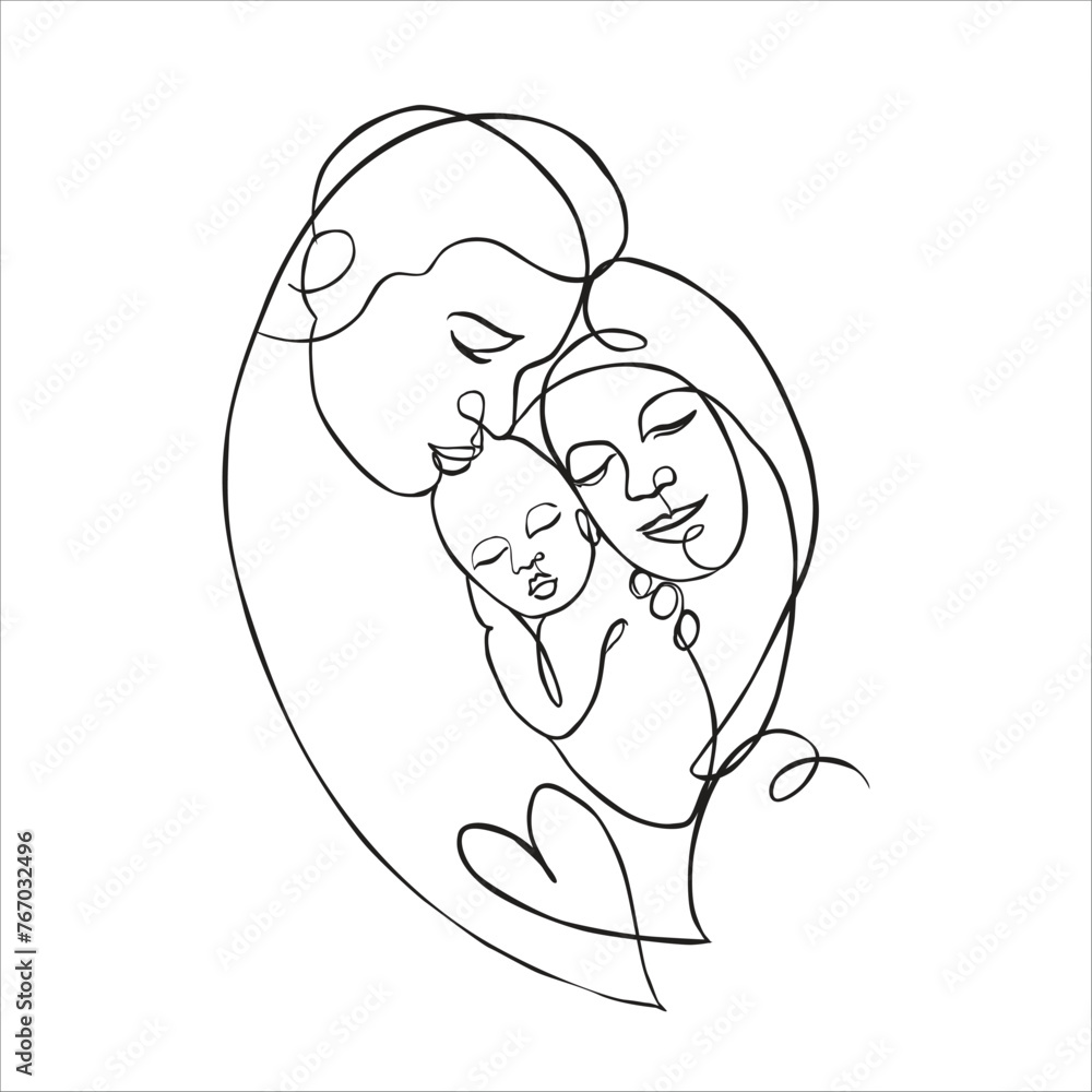 Vector cute illustration of mother, father and baby. Black and white linear art, drawing on a white background.