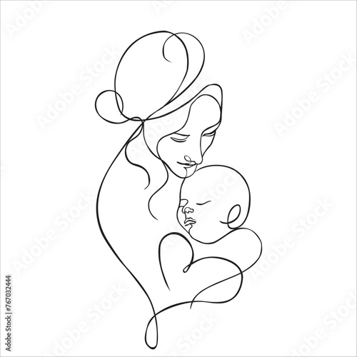 Vector cute illustration of mother and baby. Black and white linear art, drawing on a white background. Mother's day. Mom and newborn.
