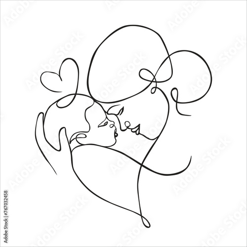 Vector cute illustration of mother and baby. Black and white linear art, drawing on a white background. Mother's day. Mom and newborn.