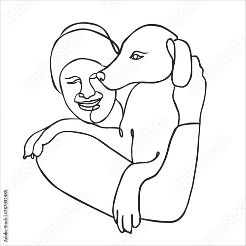 Friendship between human and animal in line art style vector. Dog with human continuous line minimalist logo. Linear black and white illustration on a white background