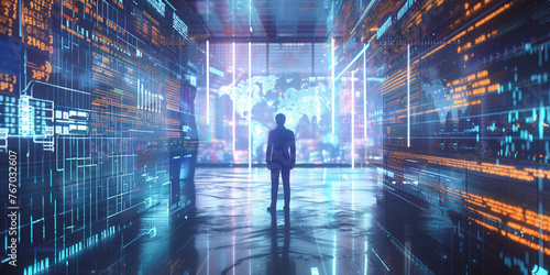 A futuristic concept art illustrating a businessman utilizing augmented reality to analyze CRM data graphs, demonstrating the integration of advanced technology in business optimization realistic