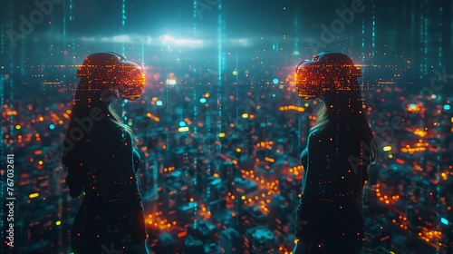 Futuristic silhouettes with digital visors overlook a sprawling cyber cityscape, bathed in neon.