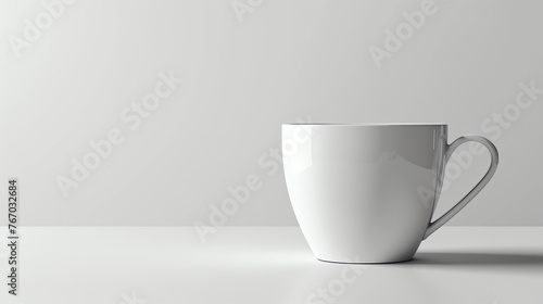 A simple white coffee cup sits on a white table against a white background. The cup is slightly angled to the right of the frame. photo