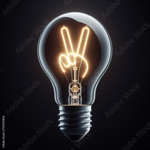 A single light bulb, with a bright, glowing filament that is shaped like a peace hand symbol, brand new and glowing brightly, floating isolated against a deep, solid black background.