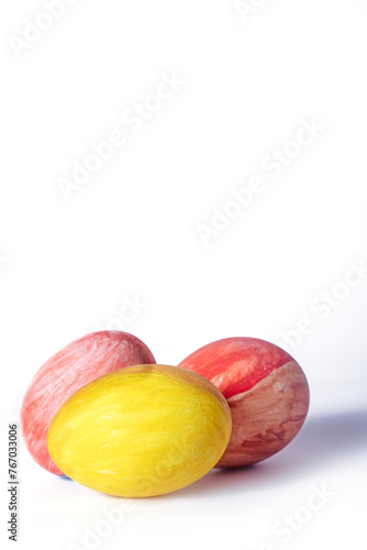 Colorful Easter eggs isolated on a white background with copy space for text. Easter decoration.