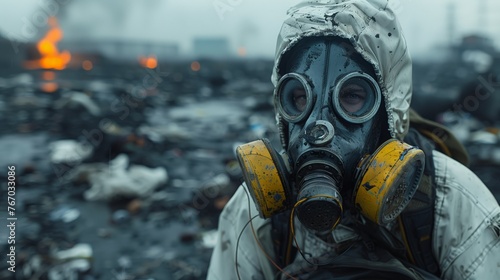 A figure in a gas mask amidst a trashfilled field photo